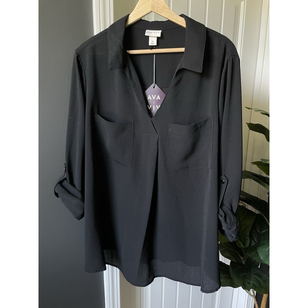 Ava & Viv Collared Roll Tab L/S Woven Blouse Lightweight Black 2X Plus